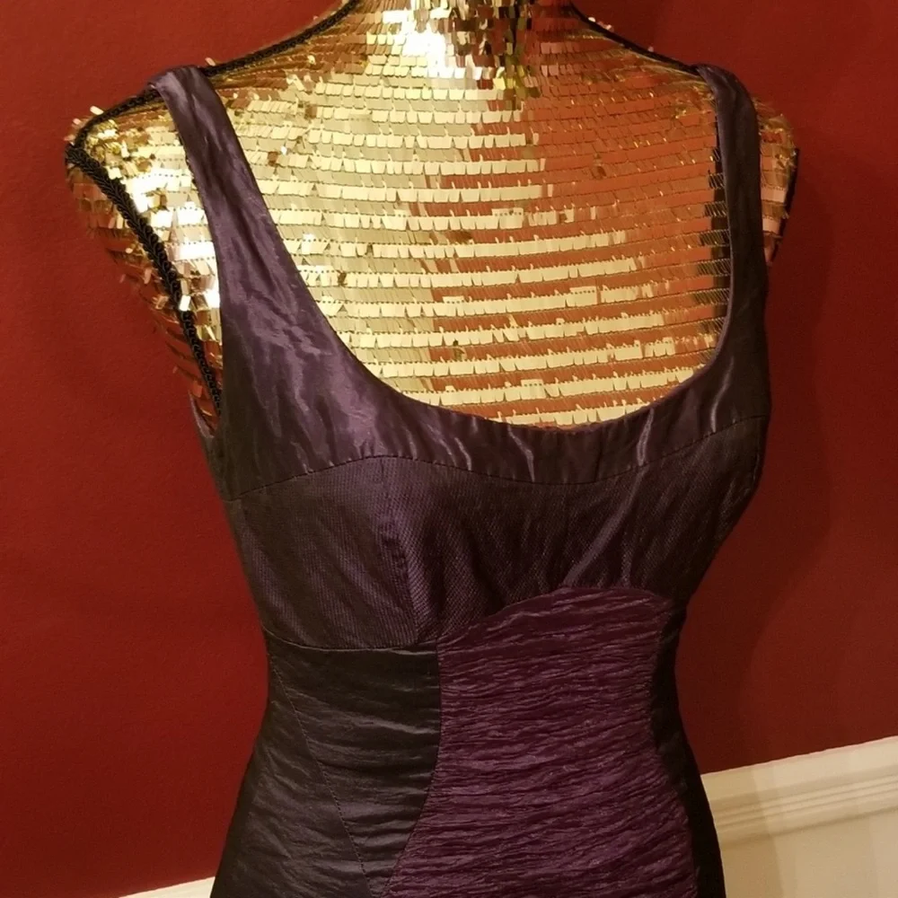 Nicole Miller Ruched Metallic Purple/Black Back Zip Dress, with Some stretch - Picture 2 of 6